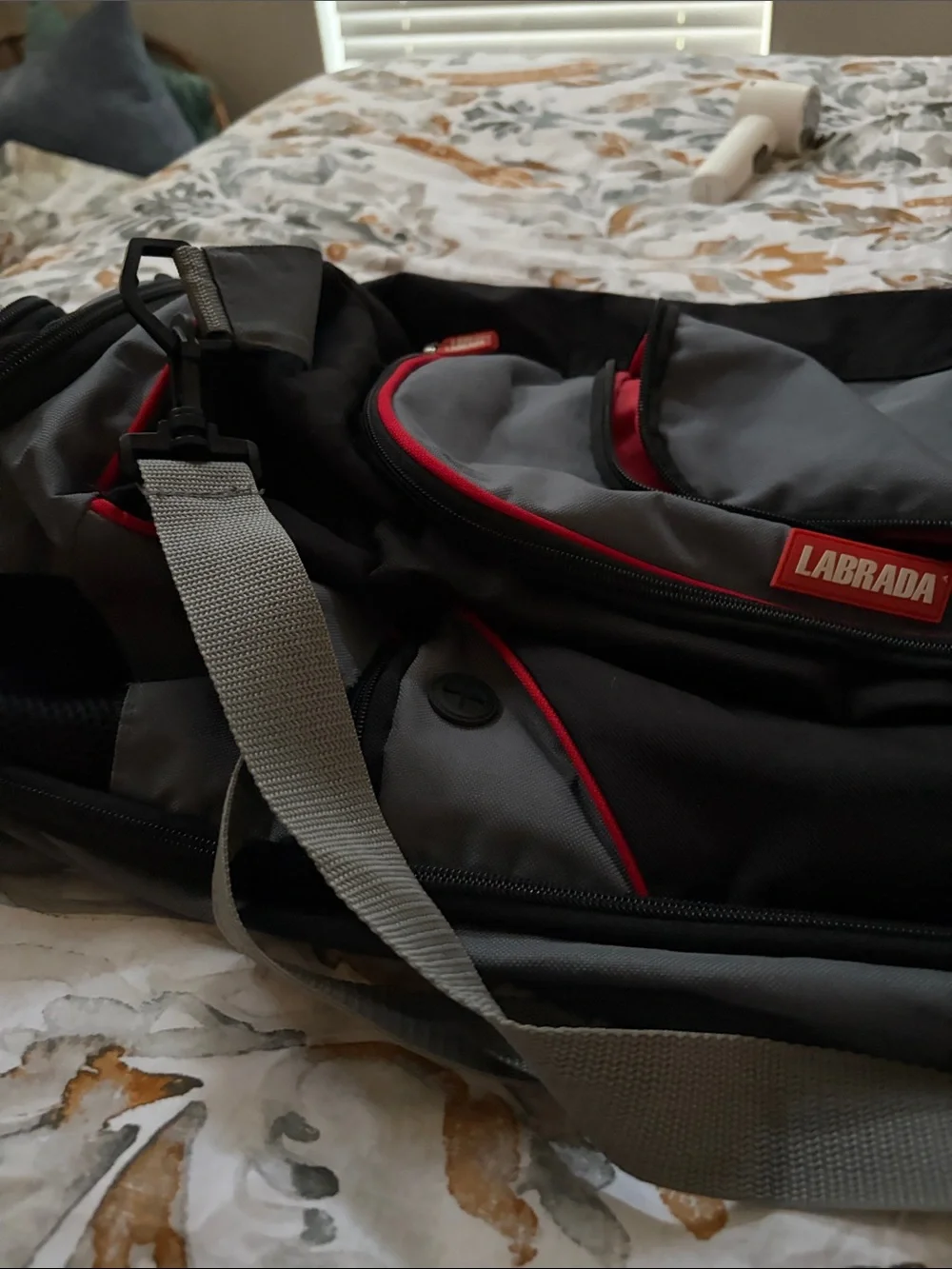 Men's Gray and Black Duffel Bag with Red Trim